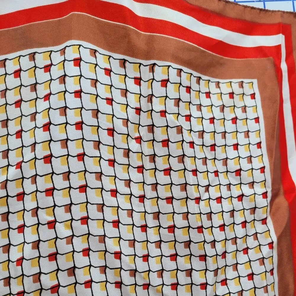 Lilly D'Or Geometric Silk Scarf Brown Red Vintage Mod Cottagecore Accessory
